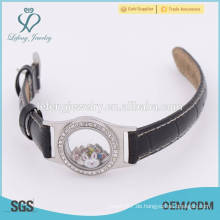 Personalisierte teen Leder Glas schwimmende locket Uhr, Leder Wrap Armband Locket
